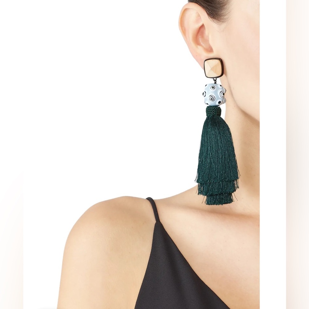 Tory Burch Tassel Earrings Wood Ceramic Bead & Green Tassel Clip-ons